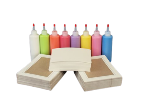 Product photo of cards and frames, and paints.